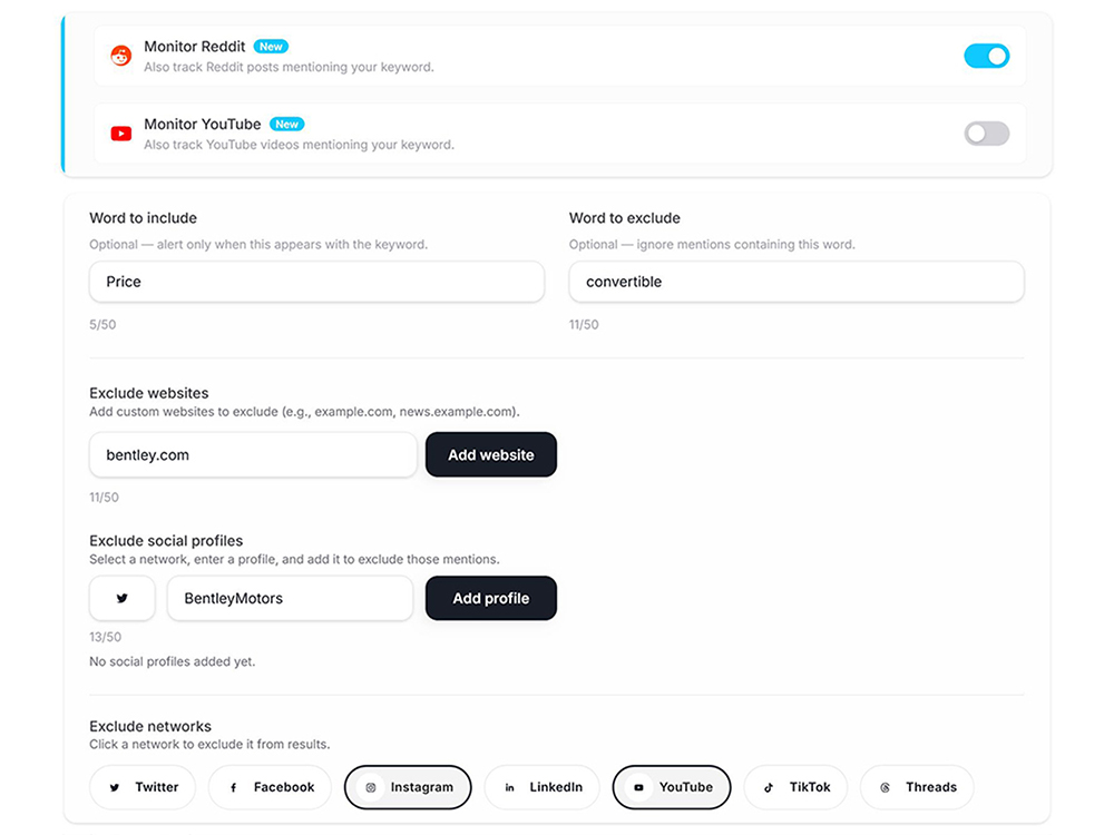 Advanced mention filters in MentionPilot brand monitoring dashboard
